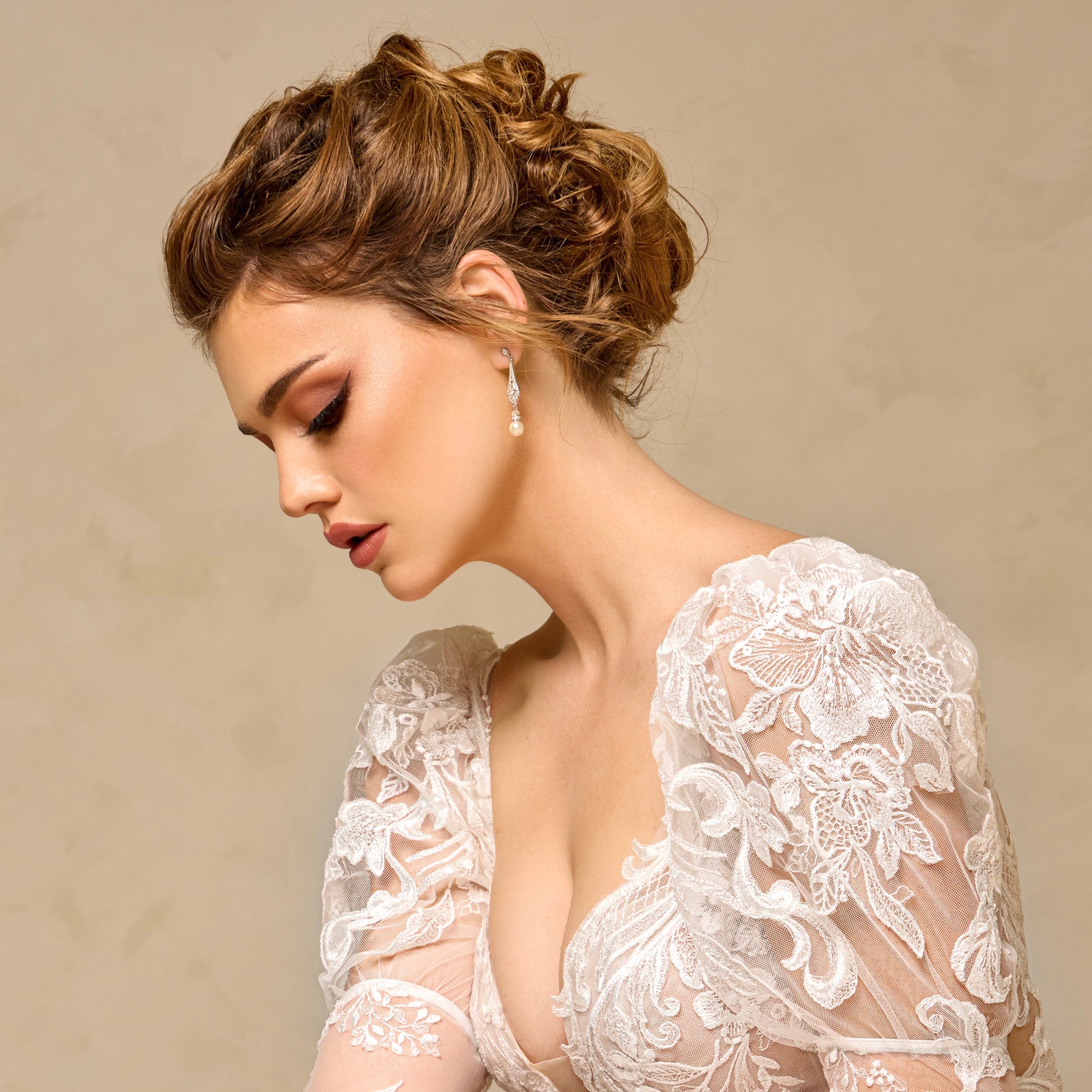 Geneva Vintage Inspired Pearl Earrings on Model Gown Kitty Chen Couture