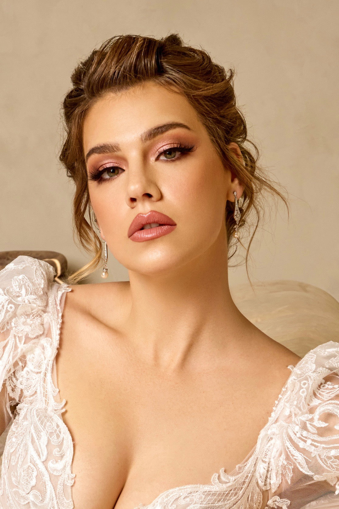 Geneva Earrings from Anna Bellagio. Model Wearing a Kitty Chen Bridal Gown.