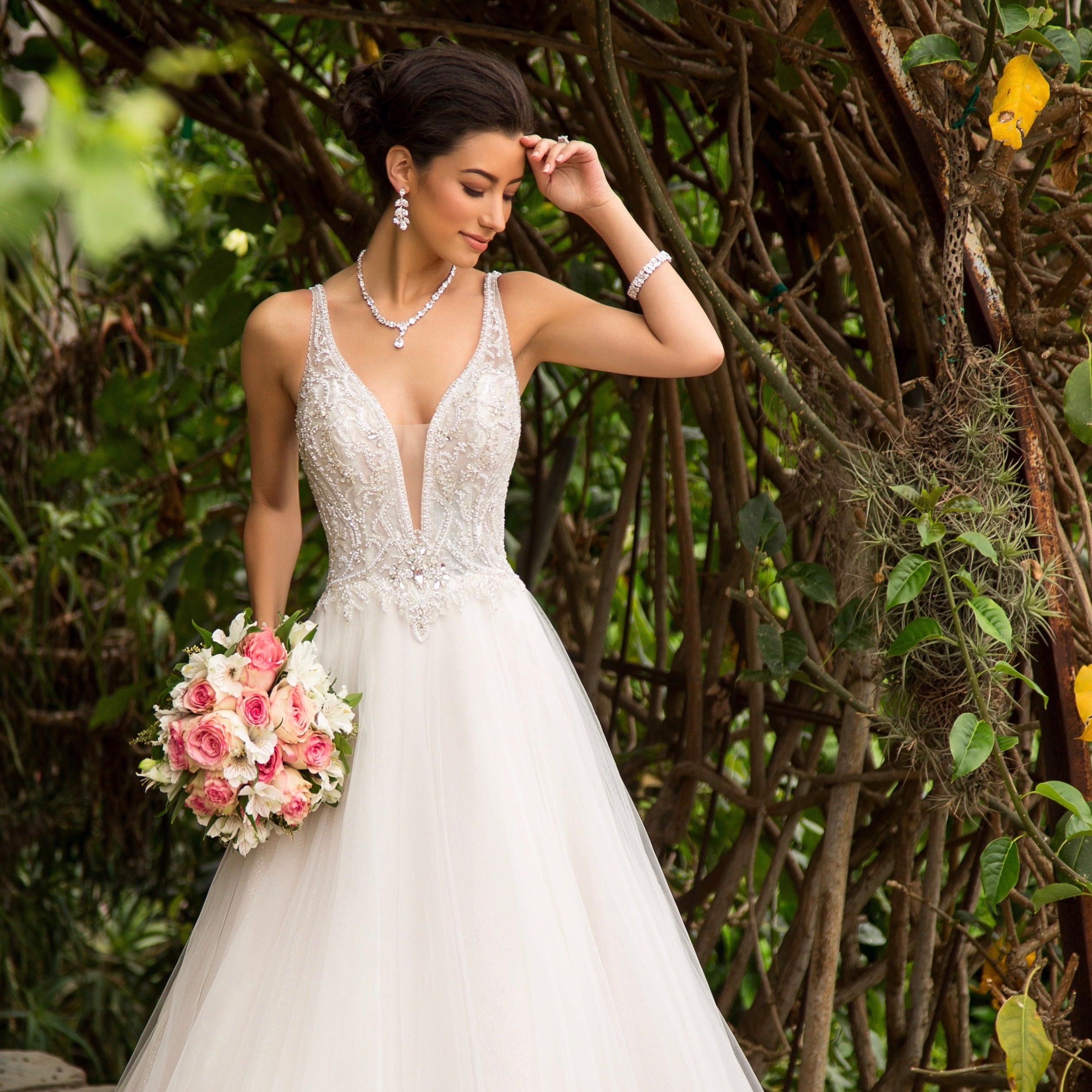 Gia Cluster Bridal Bracelet from Anna Bellagio Model Bride wearing a Kitty Chen Couture Bridal Gown in a garden.