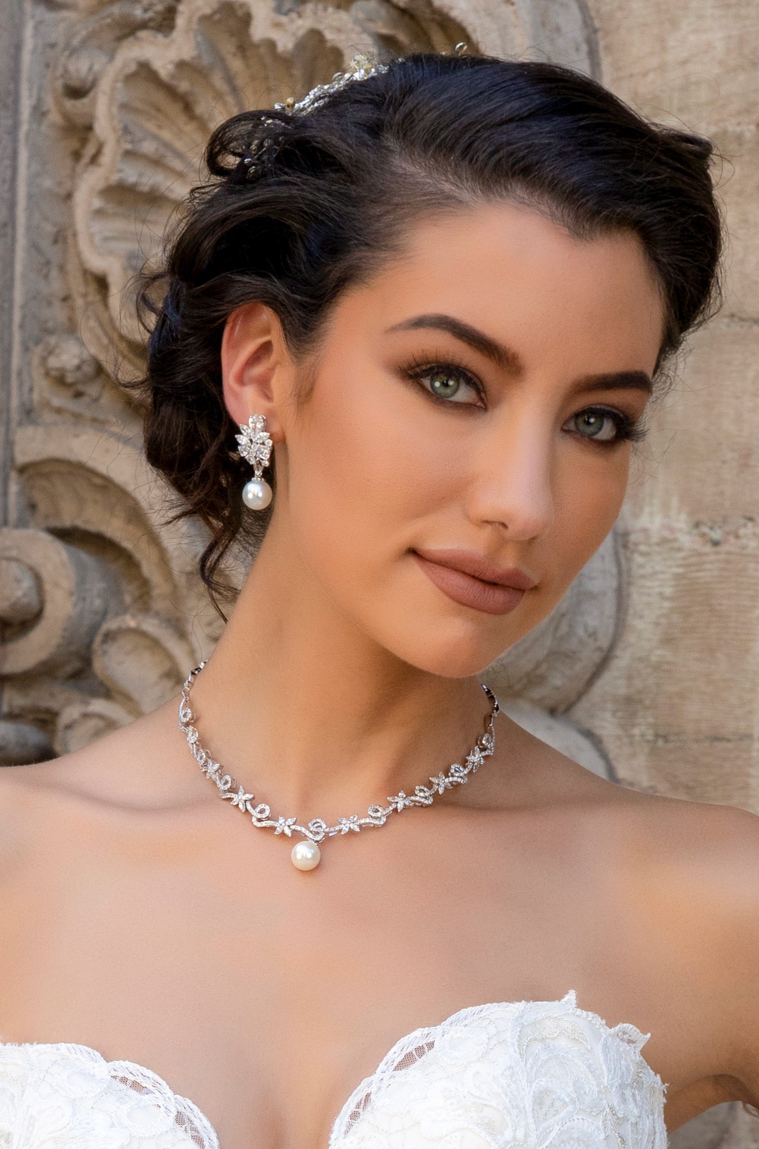 Bride wearing the Luisa Earrings and the Silvia Necklace