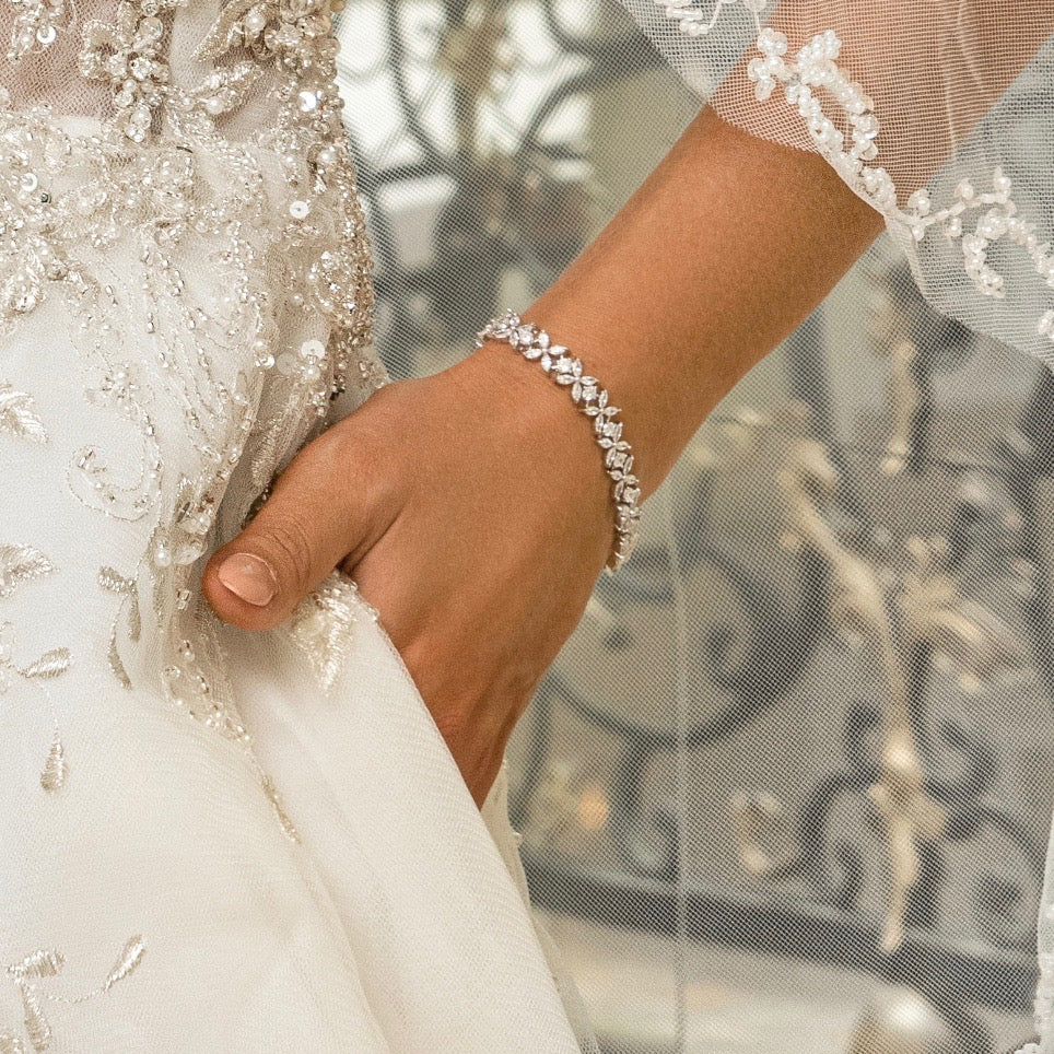 Serafina Floral Bridal Bracelet on Model Arm. Wedding Gown Kitty Chen Couture