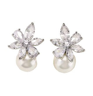 Veronica Floral Pearl Earrings from Anna Bellagio A Floral top with a 10mm White Pearl Drop