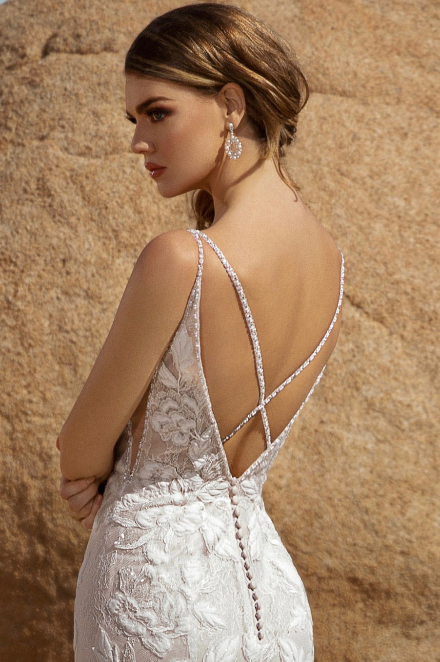 Bianca Pearl Hoop Statement Earrings | Anna Bellagio Pearl and Crystal Hoop Earring with the Ashton Kitty Chen Gown in the Desert