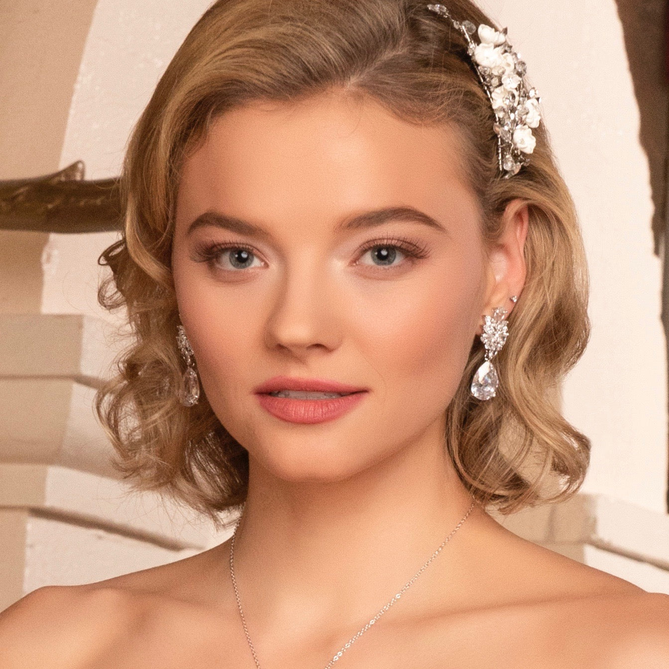 Florence Floral Statement Bridal Earrings | Anna Bellagio Model Image