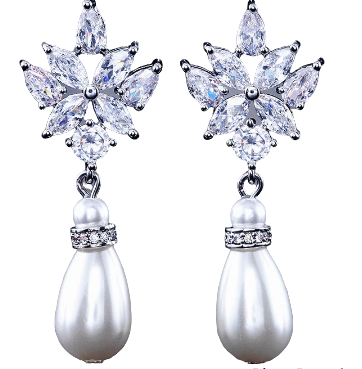 Julia Floral Teardrop Pearl Earrings from Anna Bellagio, Floral cubic zirconia stones with a teardrop pearl