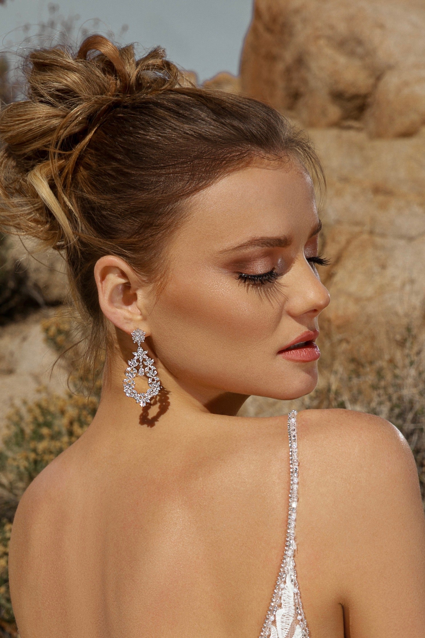 Peyton Floral Statement Earrings | Anna Bellagio Close up of Model in the Desert