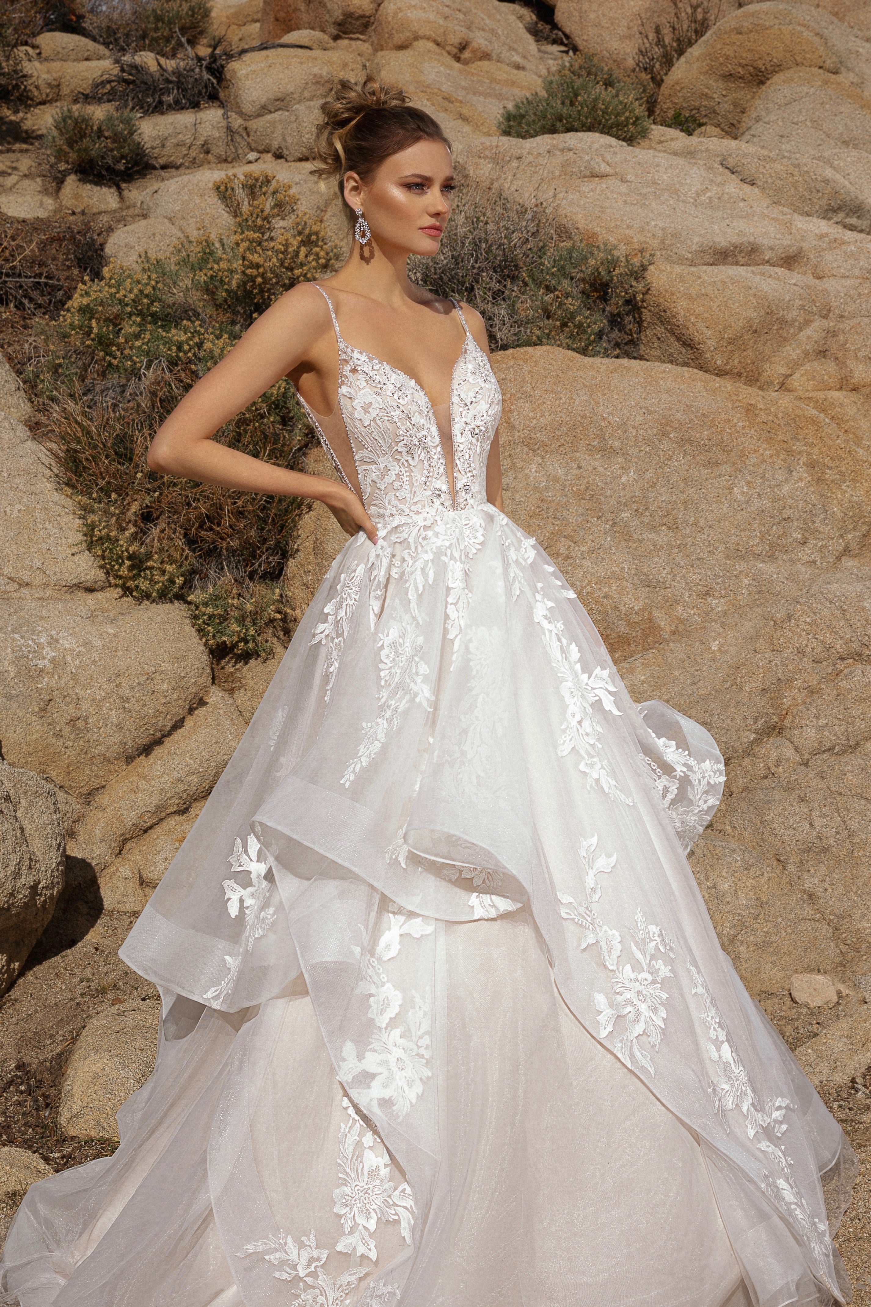 Peyton Floral Statement Earrings | Anna Bellagio Model wearing the Peyton Earring and a Kitty Chen Bridal Gown in the Desert.