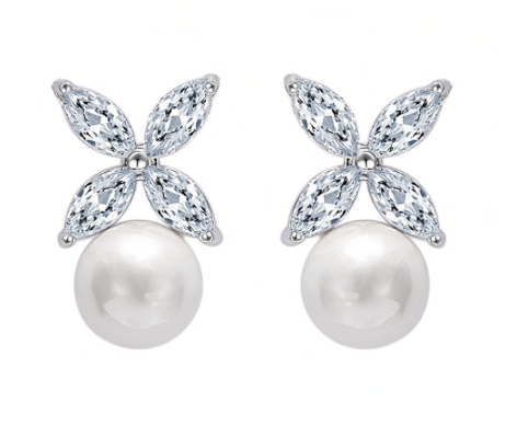 Sei Floral Pearl Stud Earrings from Anna Bellagio Four petal flower top with a 10mm pearl