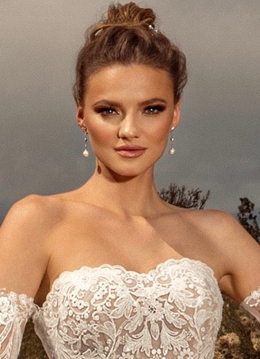 Sophie Pearl Dangle Earrings | Anna Bellagio Model wearing a bridal gown from Kitty Chen Couture.