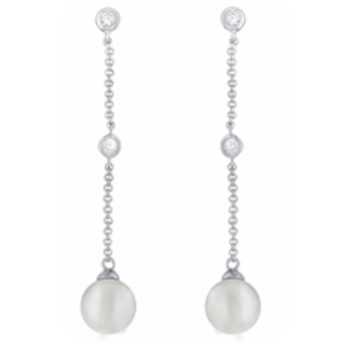 Sophie Pearl Dangle Earrings | Anna Bellagio Dainty Chains with Crystal Stations with a Pearl Drop