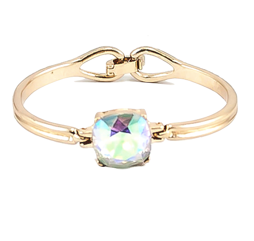 Aurora Borealis Cushion Cut Gold Bangle Bracelet