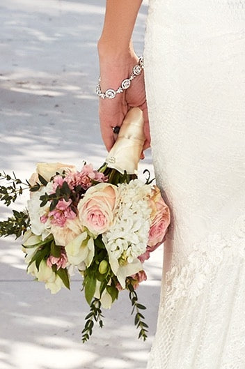 Ansley Bridal Bracelet Close-up with Bouquet