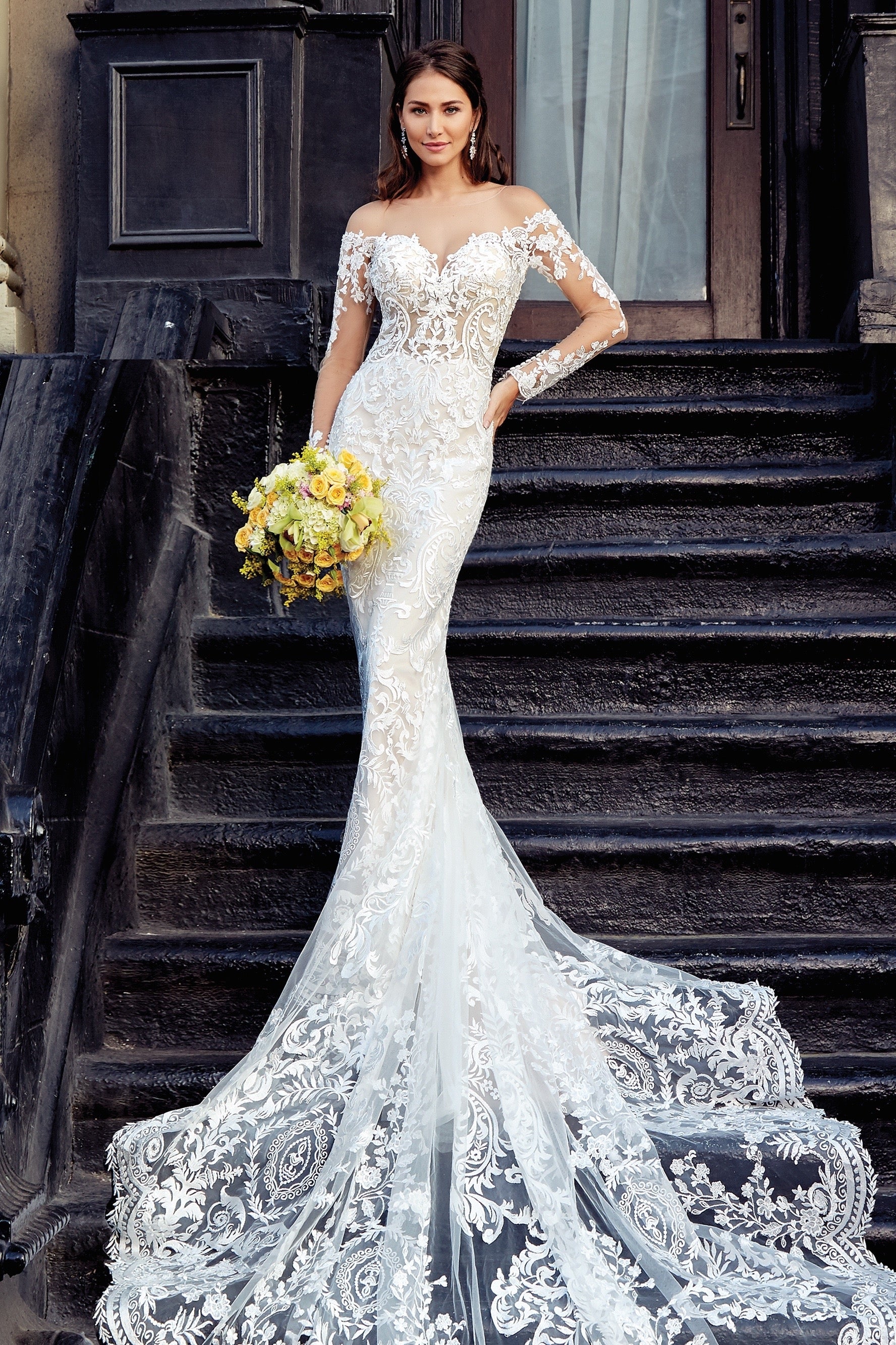 Arabella Floral Chandelier Earrings | Anna Bellagio Model Image on Black Stairs