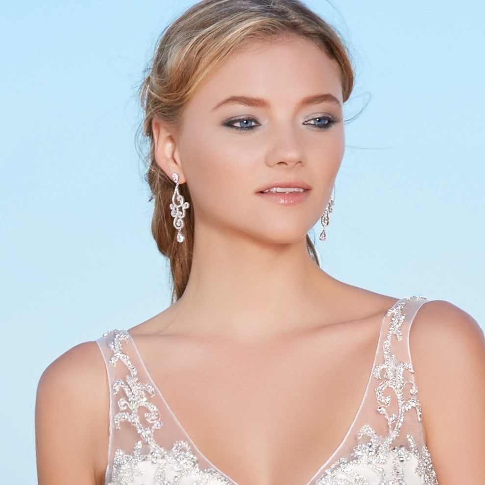 Aria Scroll Inspired Statement Earrings | Anna Bellagio Model Bride wearing with a Kitty Chen Bridal Gown