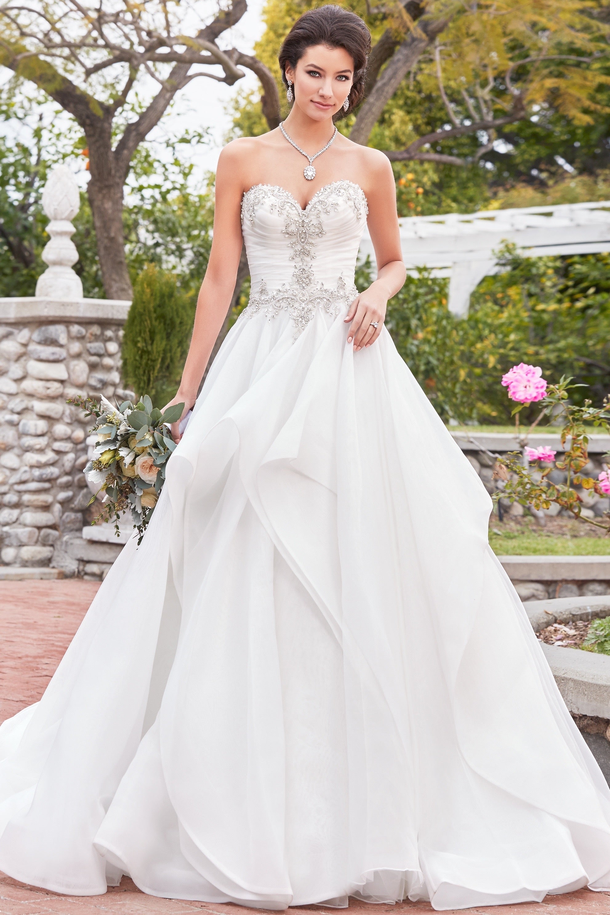 Astrid Necklace on Model with Nina Gown by Kitty Chen Couture