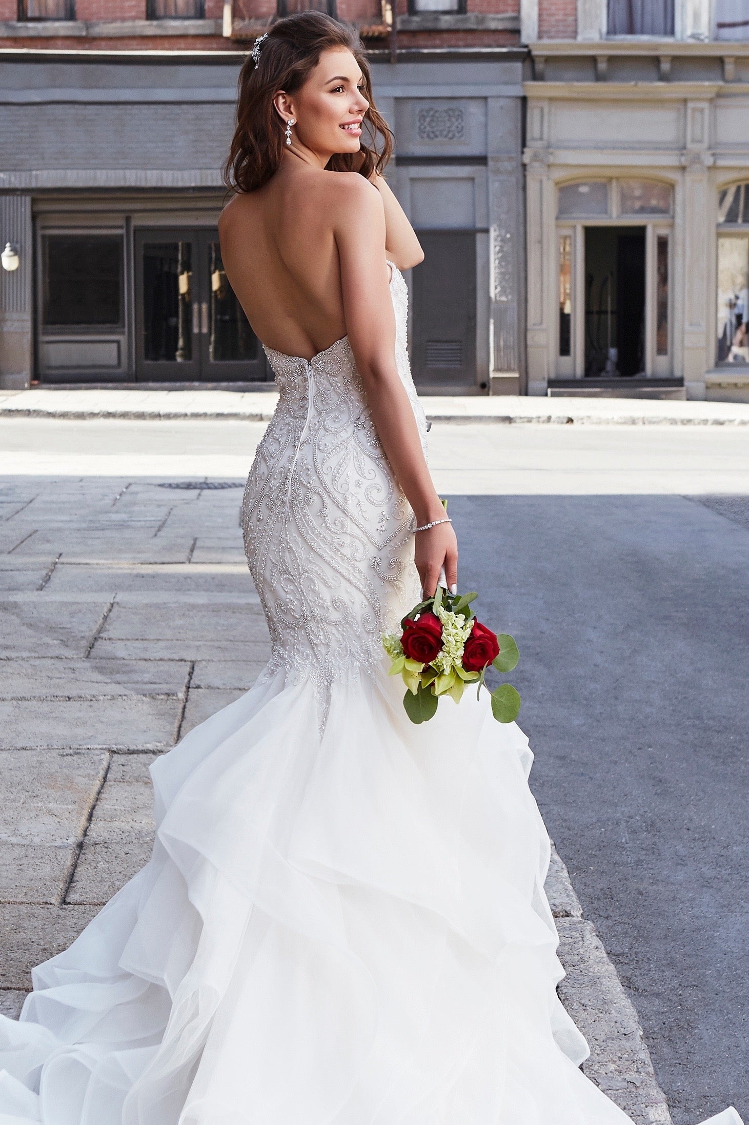 Hadley Earrings Side View with Avera Gown From Kitty Chen Couture
