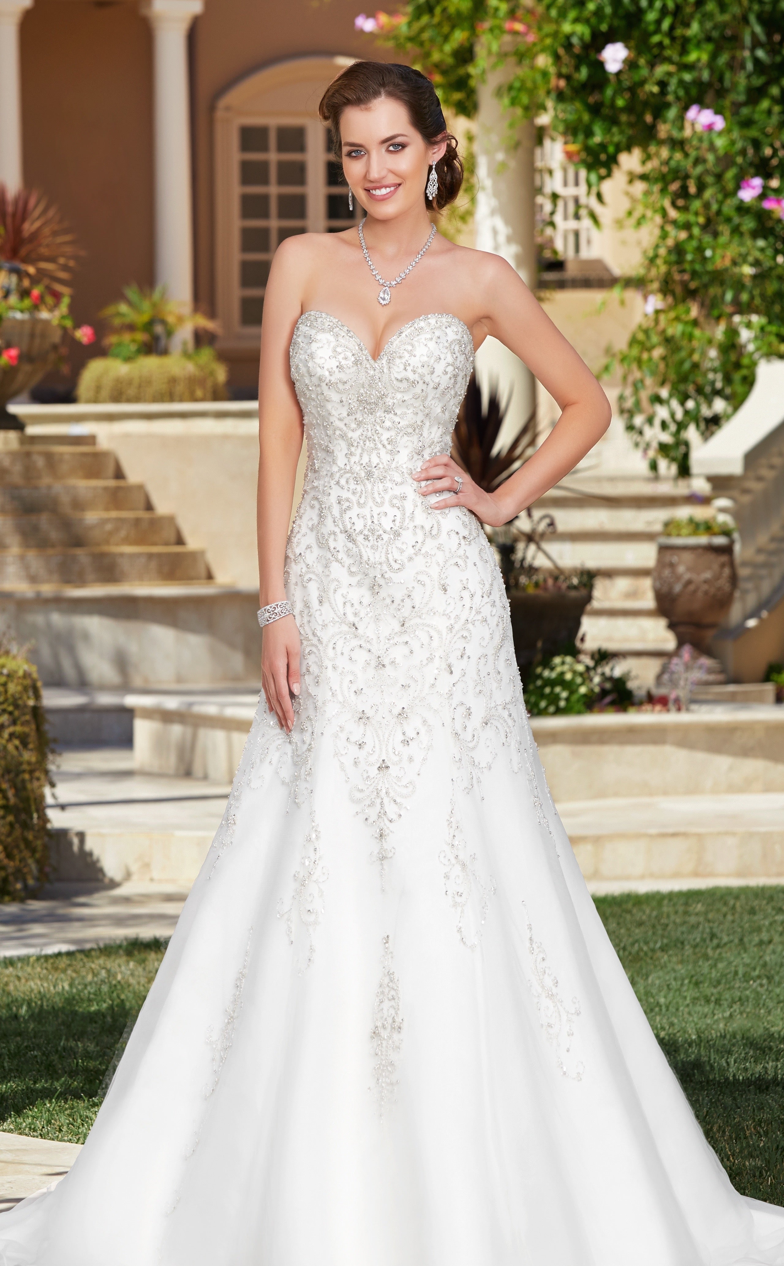 Kyra Bridal Cuff Bracelet on Model wearing the Cassia Gown from Kitty Chen Couture