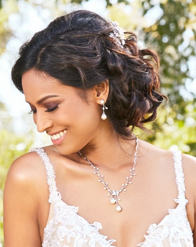 Eden Earrings and Necklace on Model wearing a Kitty Chen Gown.