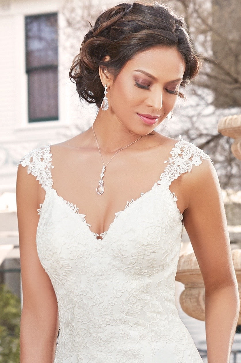 Lydia Art Deco Pendant on Model wearing the Bridgette Gown From Kitty Chen Couture