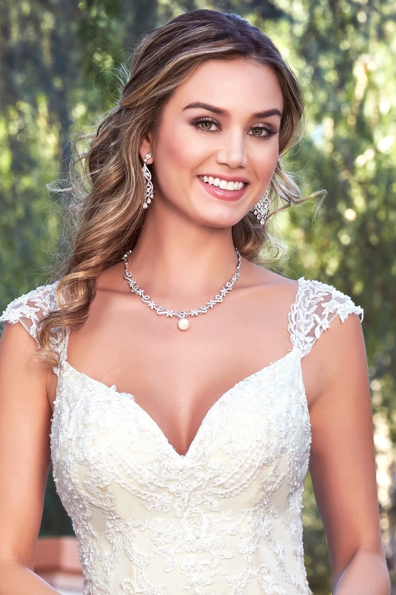 Silvia Cubic Zirconia Necklace | Anna Bellagio Model Image including the Sarrana Earrings on Model