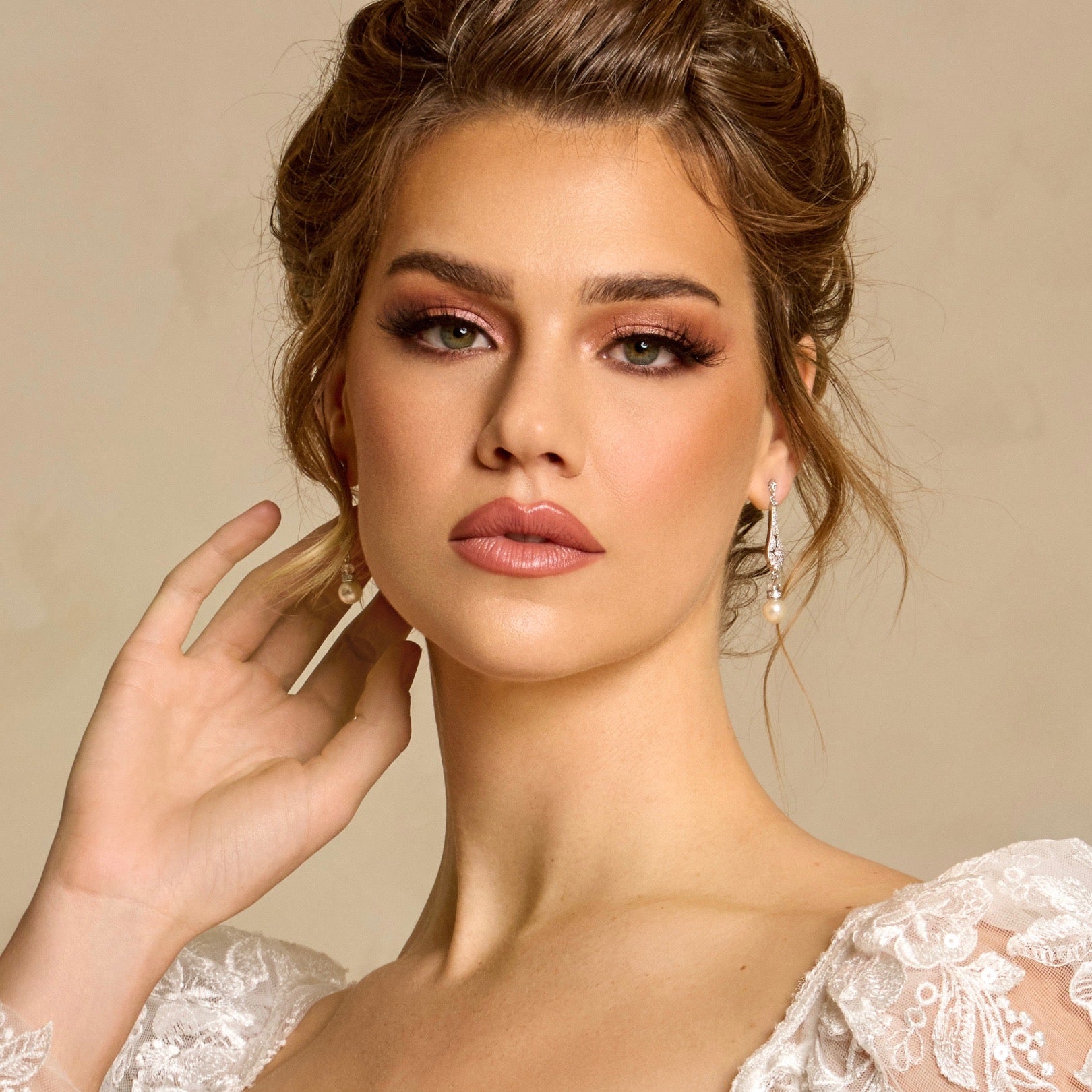 Geneva Vintage Inspired Pearl Earrings from Anna Bellagio. Bride wearing a Kitty Chen Bridal Gown