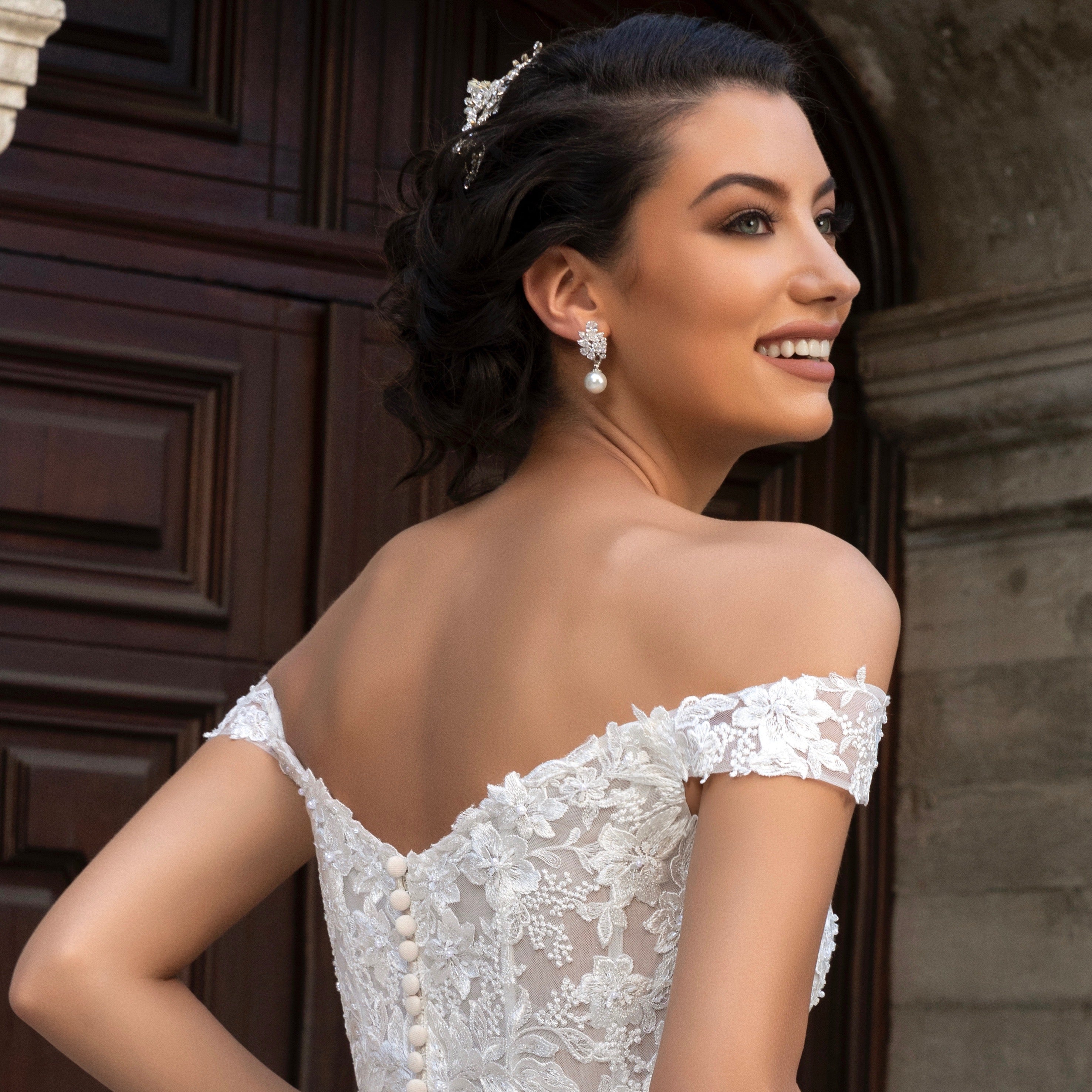 Luisa Romantic Floral FWP Drop Earrings worn by Model Bride wearing a Kitty Chen Bridal Gown