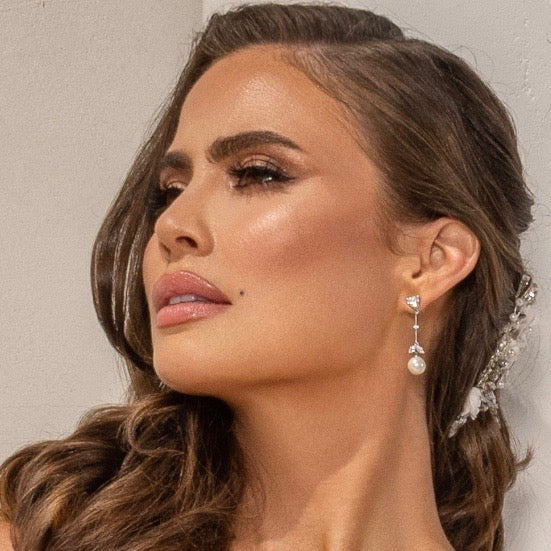 Model Bride wearing the Rose Pearl Dangle Earrings from Anna Bellagio.