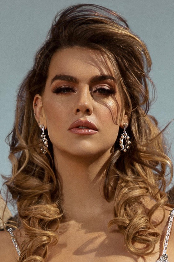 Bianca Pearl Hoop Statement Earrings | Anna Bellagio  Close up of a Model wearing the Bianca Earrings. 