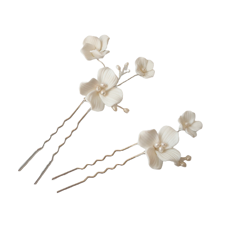 Brisa Porcelain Floral Silver Hairpins