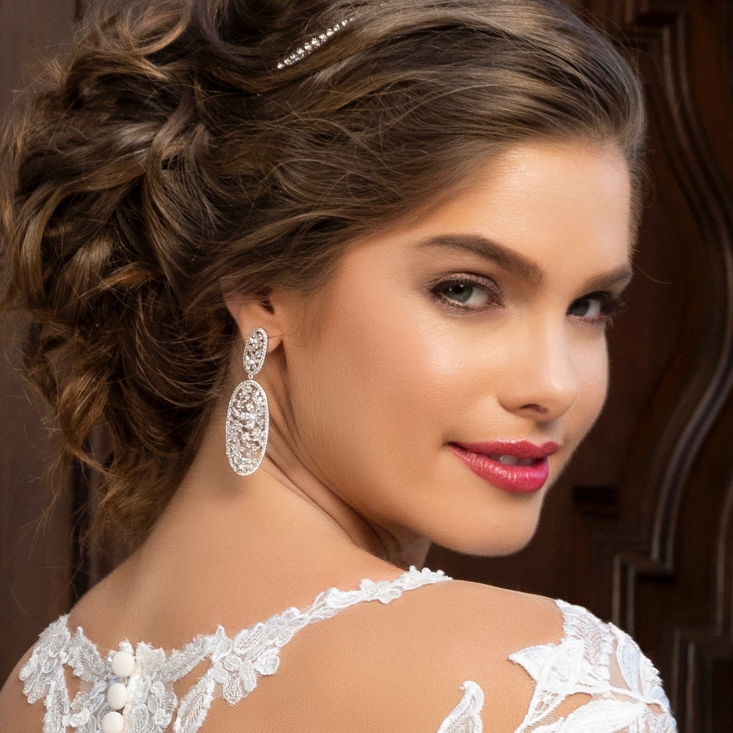 Estelle Floral Statement Earrings Close up on Model Bride.