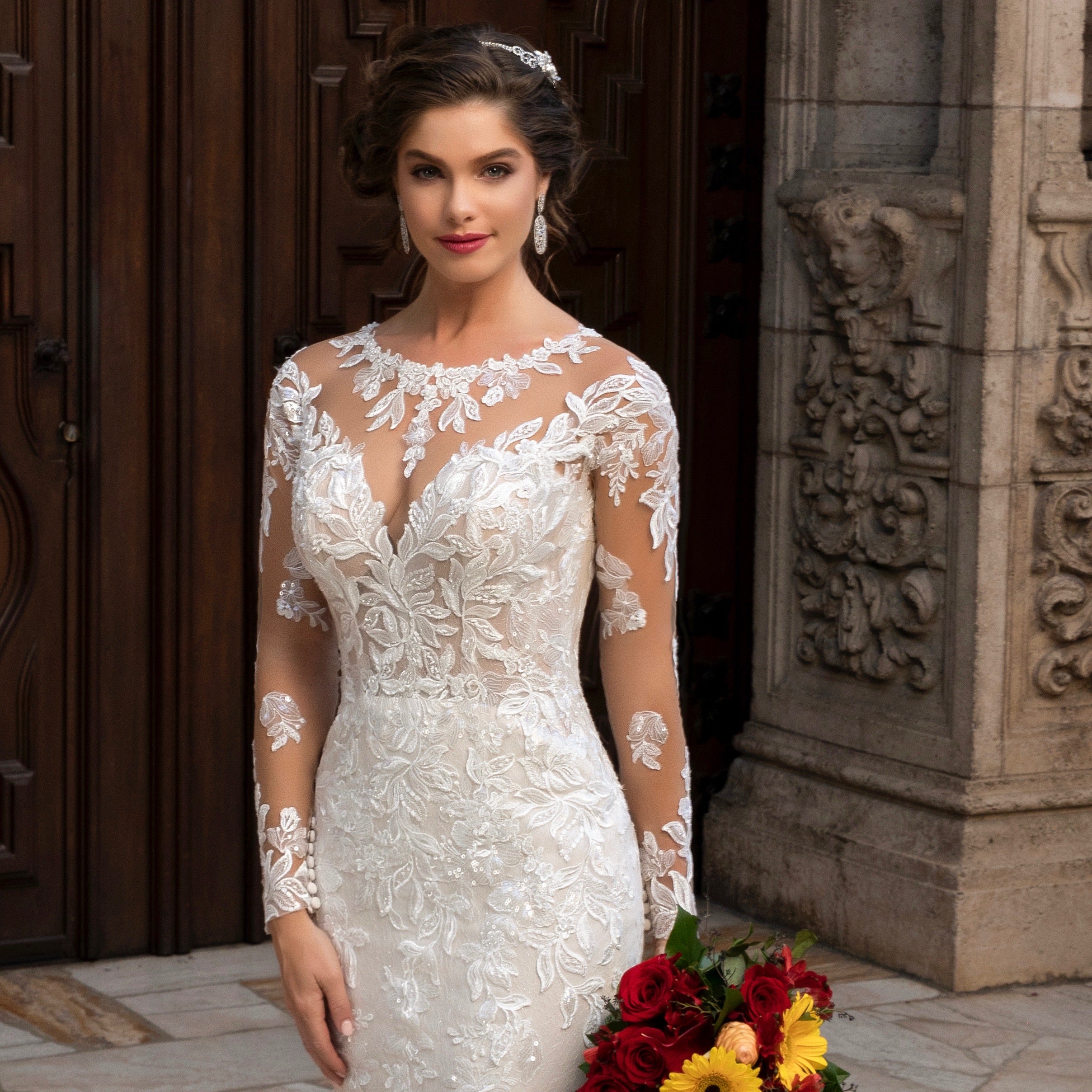 Estelle Floral Statement Earrings on a beautiful Model Bride wearing a Kitty Chen Gown. 