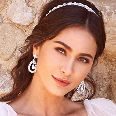 Pallas Crystal Chandelier Earrings worn by a Model Bride