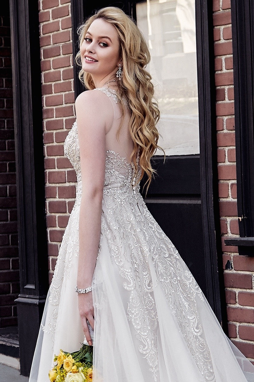 Alessandra Crystal Chandelier Earrings on Model wearing Kitty Chen Gown