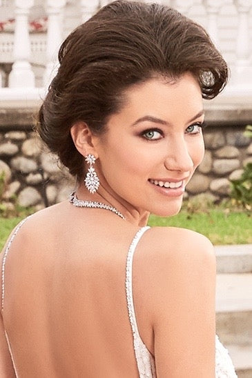 Annaliese Earrings on Bride Gorgeous Cubic Zirconia Stones designed in a Floral Drop | Anna Bellagio 