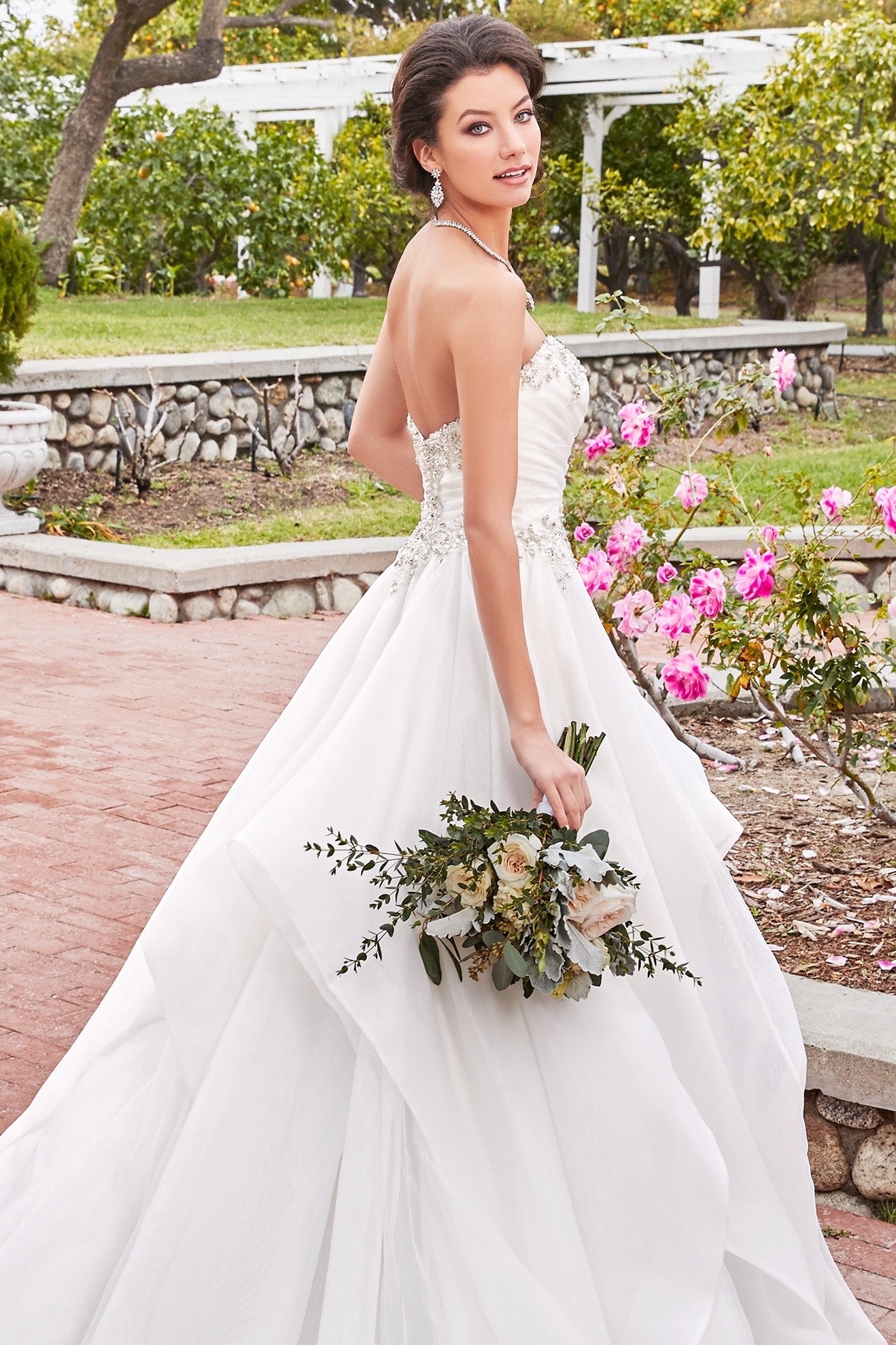 Annaliese Earrings paired with a Kitty Chen Gown worn by a Stunning Bride | Anna Bellagio  Bridal Jewelry