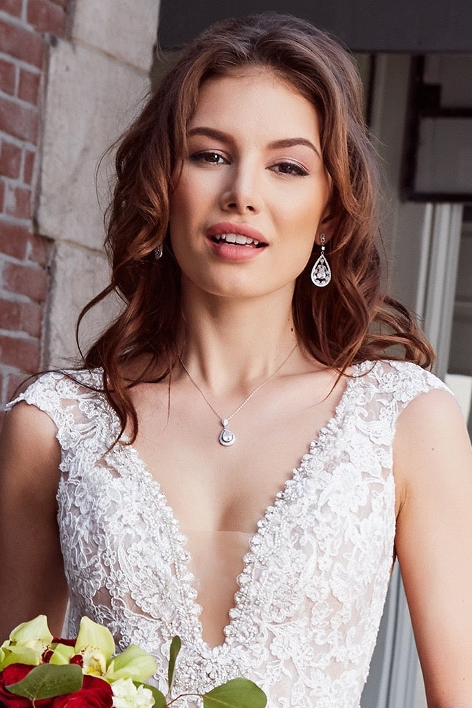 Antionetta Art Nouveau Inspired Bridal Drop Earrings | Anna Bellagio Model Image