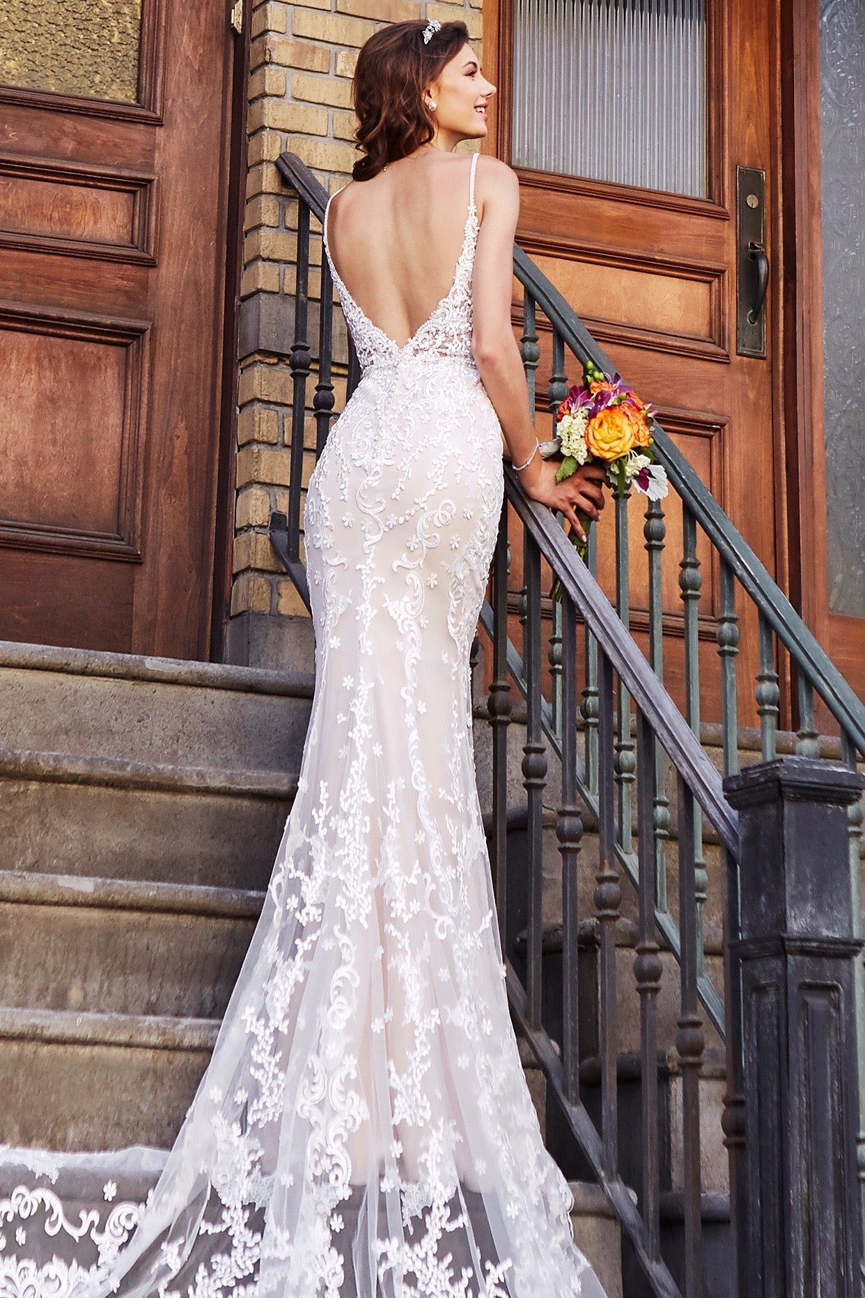 Beatriz Pearl and Crystal Earrings on Model Taylor gown KKC