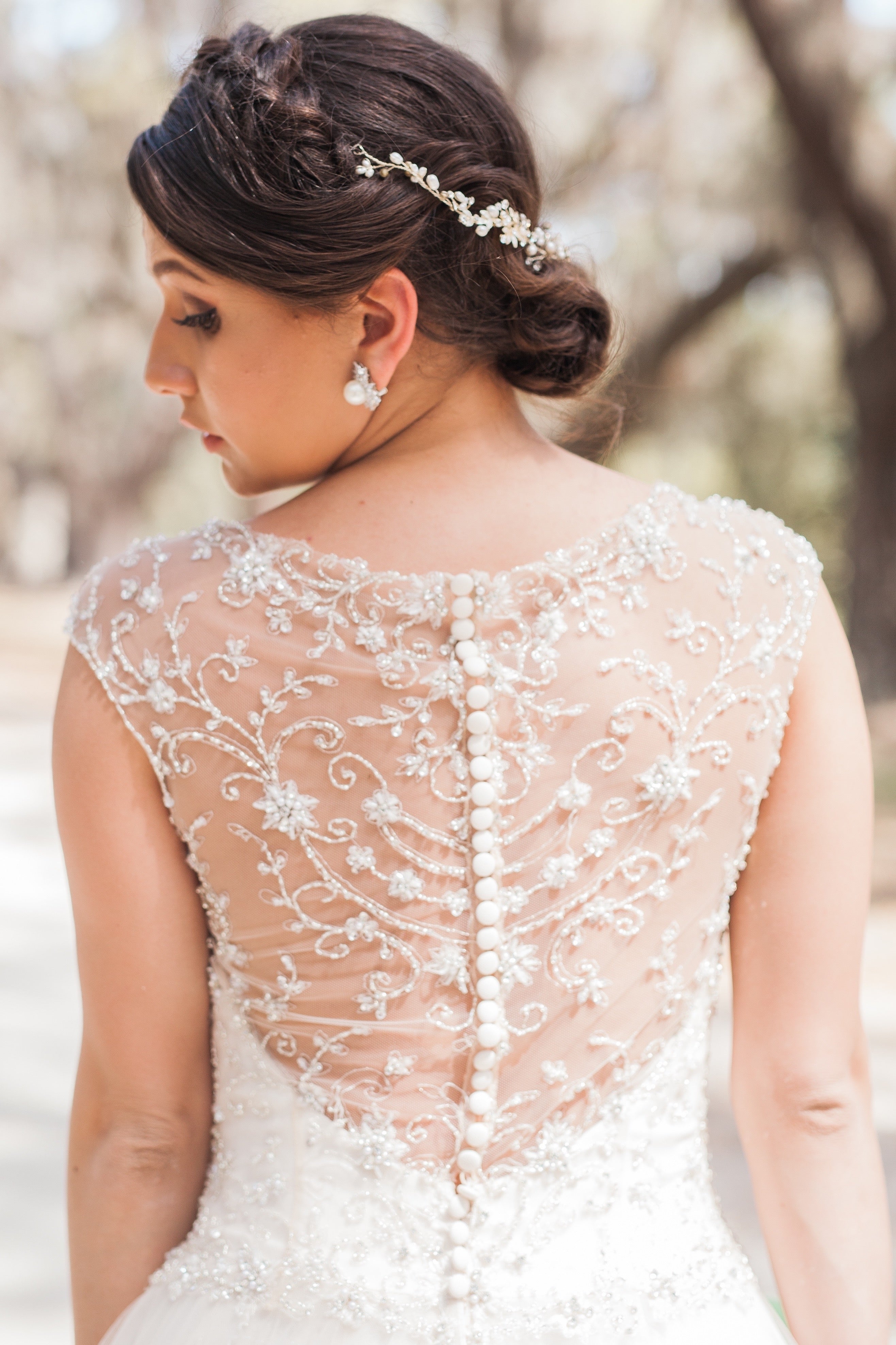 Brennley Pearl and Crystal Cluster Earrings | Anna Bellagio Model Stephany wearring a Kitty Chen Gown