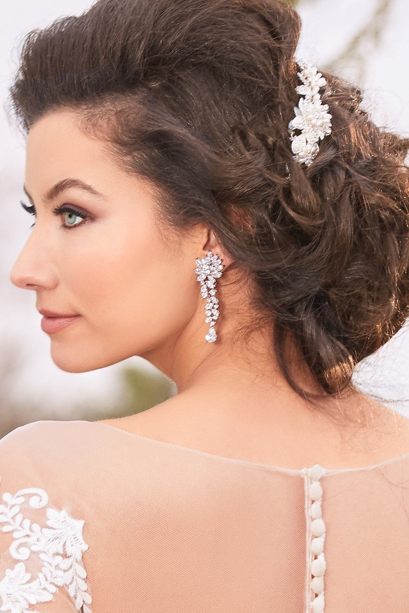 Daniela Floral Statement Earrings Side View on Model Bride. 