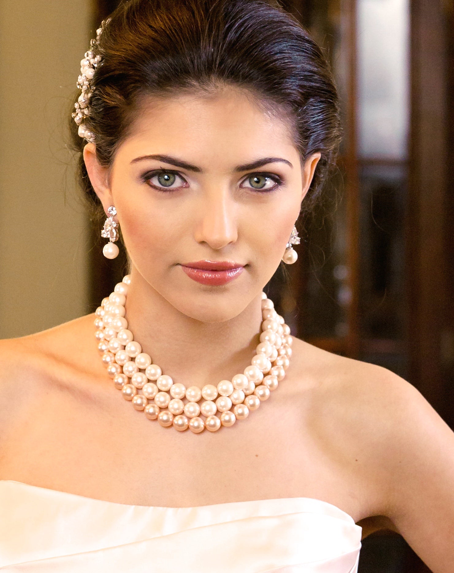 Capri Cubic Zirconia and Pearl Drop Earrings | Anna Bellagio Model Image 
