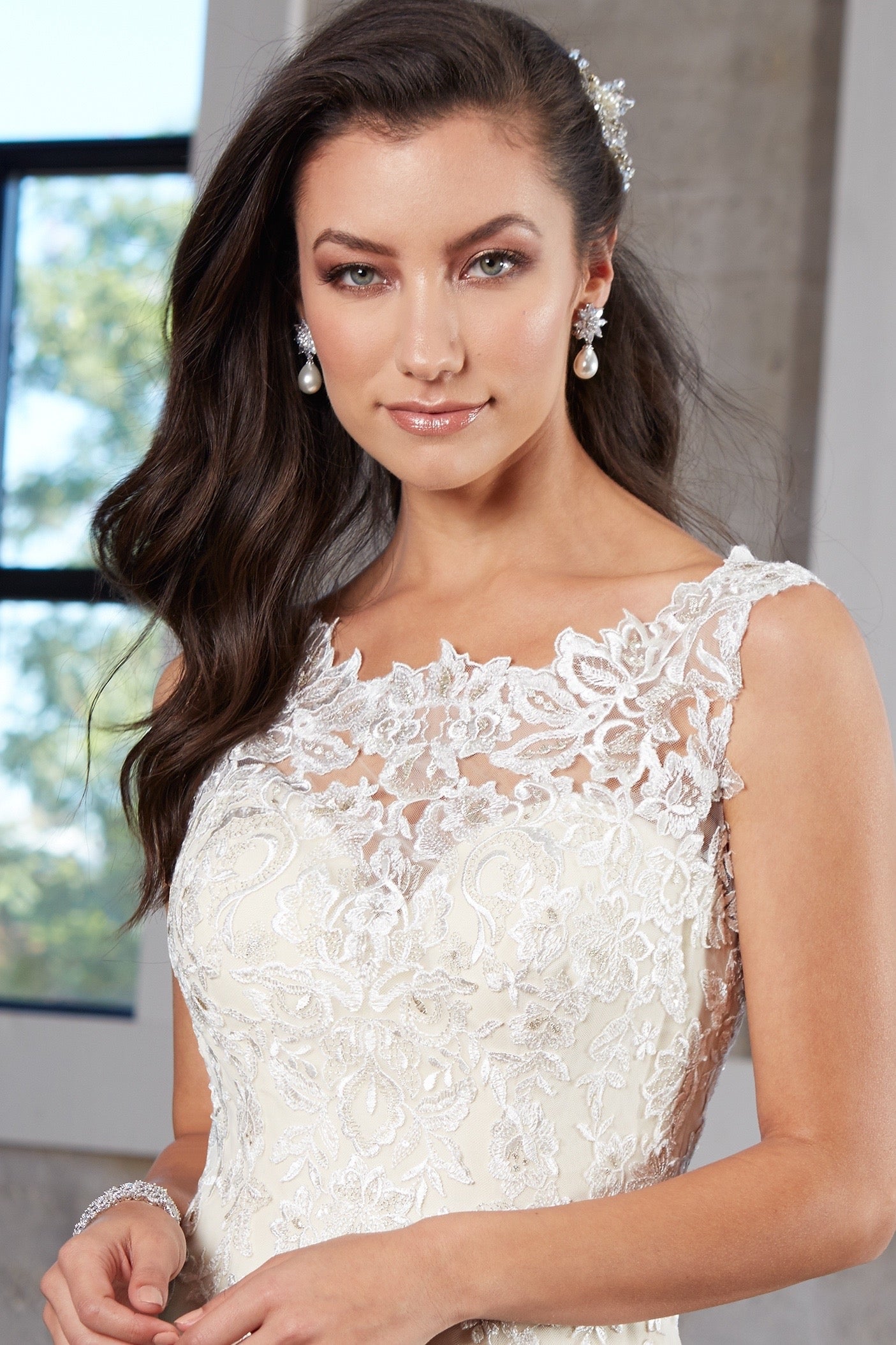 Sunburst Floral Pearl and Crystal Earrings | Anna Bellagio Model Image